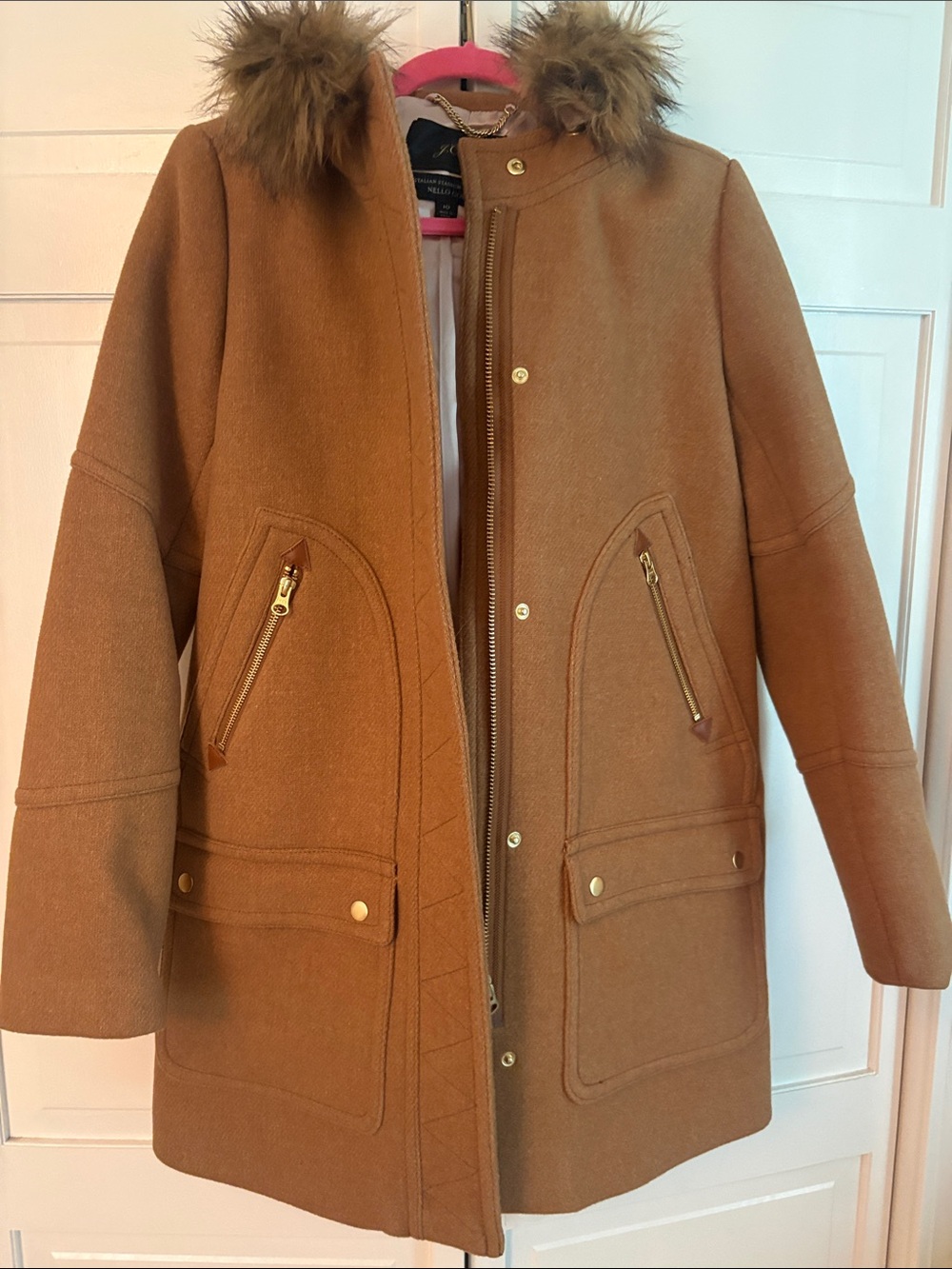 J.Crew Wool-Blend Hooded Coat with Faux-Fur Trim - Camel size 10